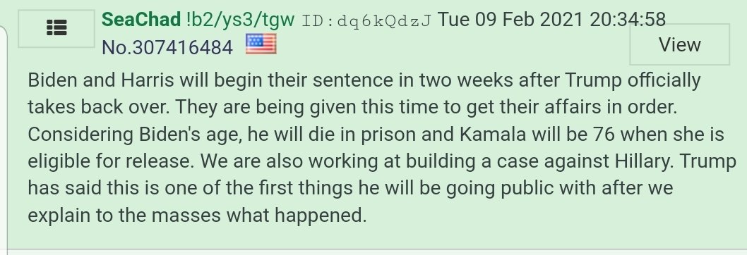 "Biden and Harris will begin their sentence in two weeks after Trump officially takes back over. They are being given this time to get their affairs in order. Considering Biden's age, he will die in prison and Kamala will be 76 when she is eligible for release"