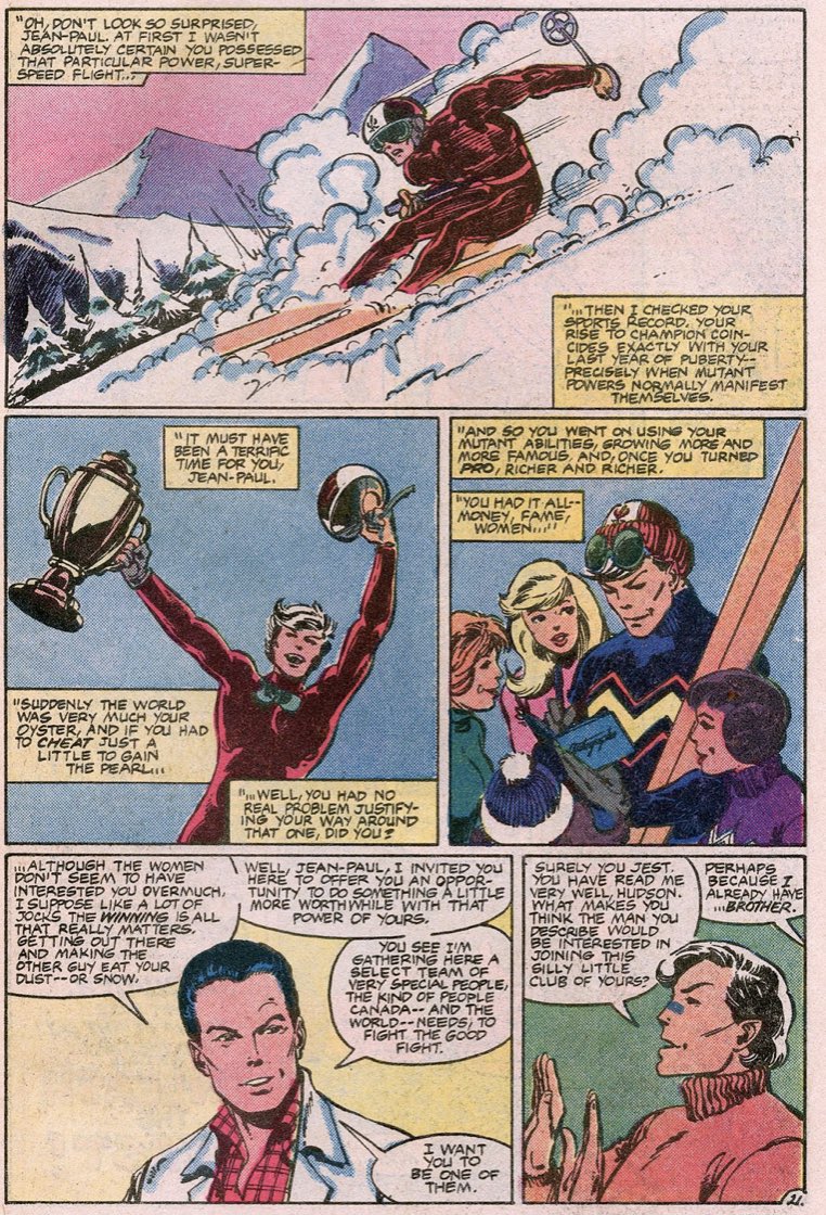 In his early 20s, Jean-Paul is summoned to Parliament Hall by James Hudson, the founder of Alpha Flight, who approaches him with the opportunity to join Alpha Flight and reconnect with his twin sister (he also throws in a little blackmail for good measure).