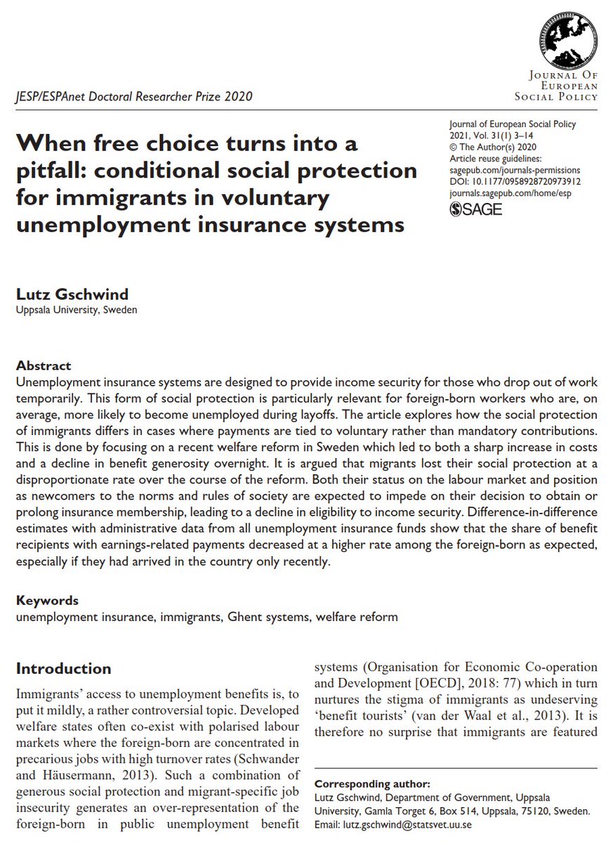 New article on the social protection of immigrants in voluntary unemployment insurance systems, published (OA) in the Journal of European Social Policy. The study received the 2020 Doctoral Research Prize of ESPAnet and JESP. journals.sagepub.com/doi/full/10.11…. A 🧵...