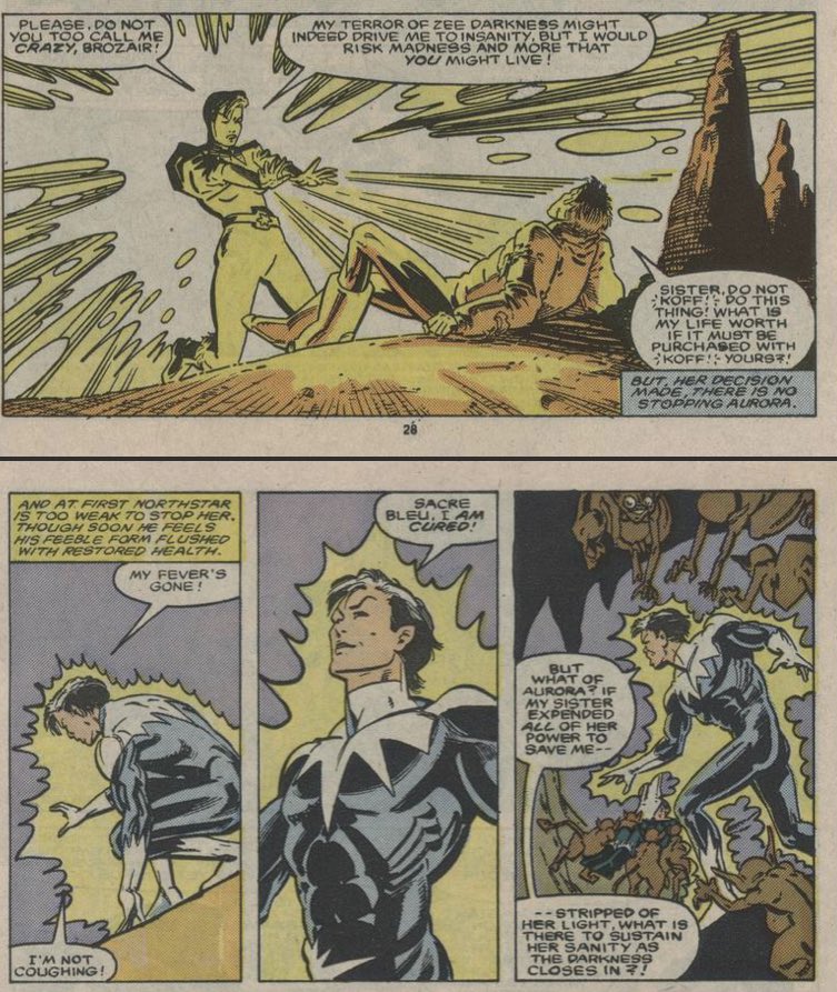 Aurora uses her light to heal Jean-Paul. Unfortunately the Fire Fountain collapses, sealing Aurora and teammate Puck inside. Northstar returns, no longer sick, but is taken to Alfheim. There, Loki’s tricks are revealed and Northstar is rejected and left stranded on Alfheim.