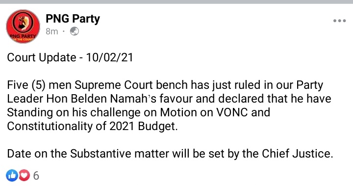 MartynNamorong's tweet photo. #BreakingNews
PNG's Supreme Court has ruled that Opposition Leader has standing to challenge matters related to last Parliament sitting including the Vote of No Confidence that wasn't entertained by the Speaker as well as the passing of the 2021 budget
#PNG #PNGPOL https://t.co/5avXMu3QJy
