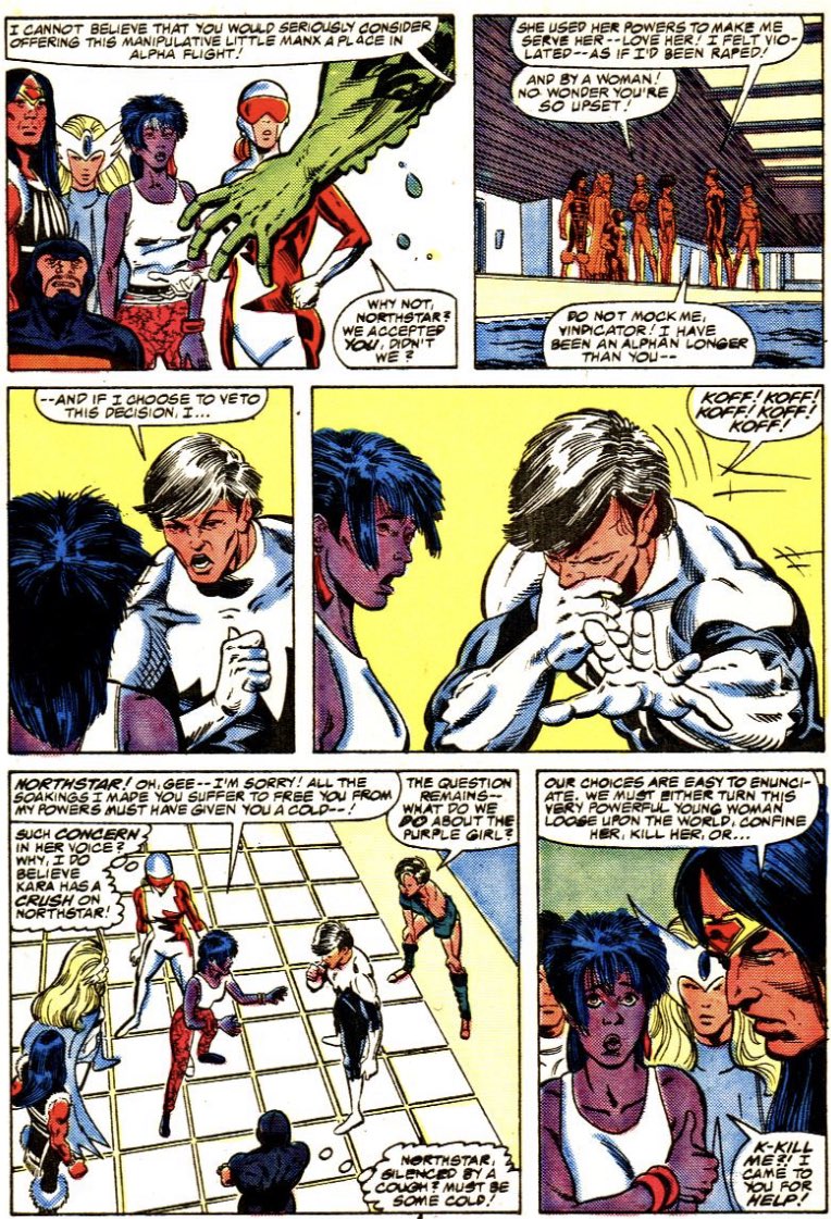 During this time, Northstar also begins showing signs of a “mysterious virus” (There was no mystery, it was HIV) which would be accelerated by Pestilence. At the same time, Aurora’s PTSD and DID would also worsen.