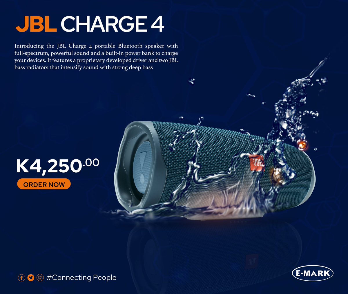 emarkzm's tweet photo. The JBL Charge 4 portable Bluetooth speaker comes with a full spectrum, powerful Sound and a built in power bank to Charge your devices.
 #JBLCharge4 #SoundYouCanSee #ConnectingPeople https://t.co/FlATpEBbbf