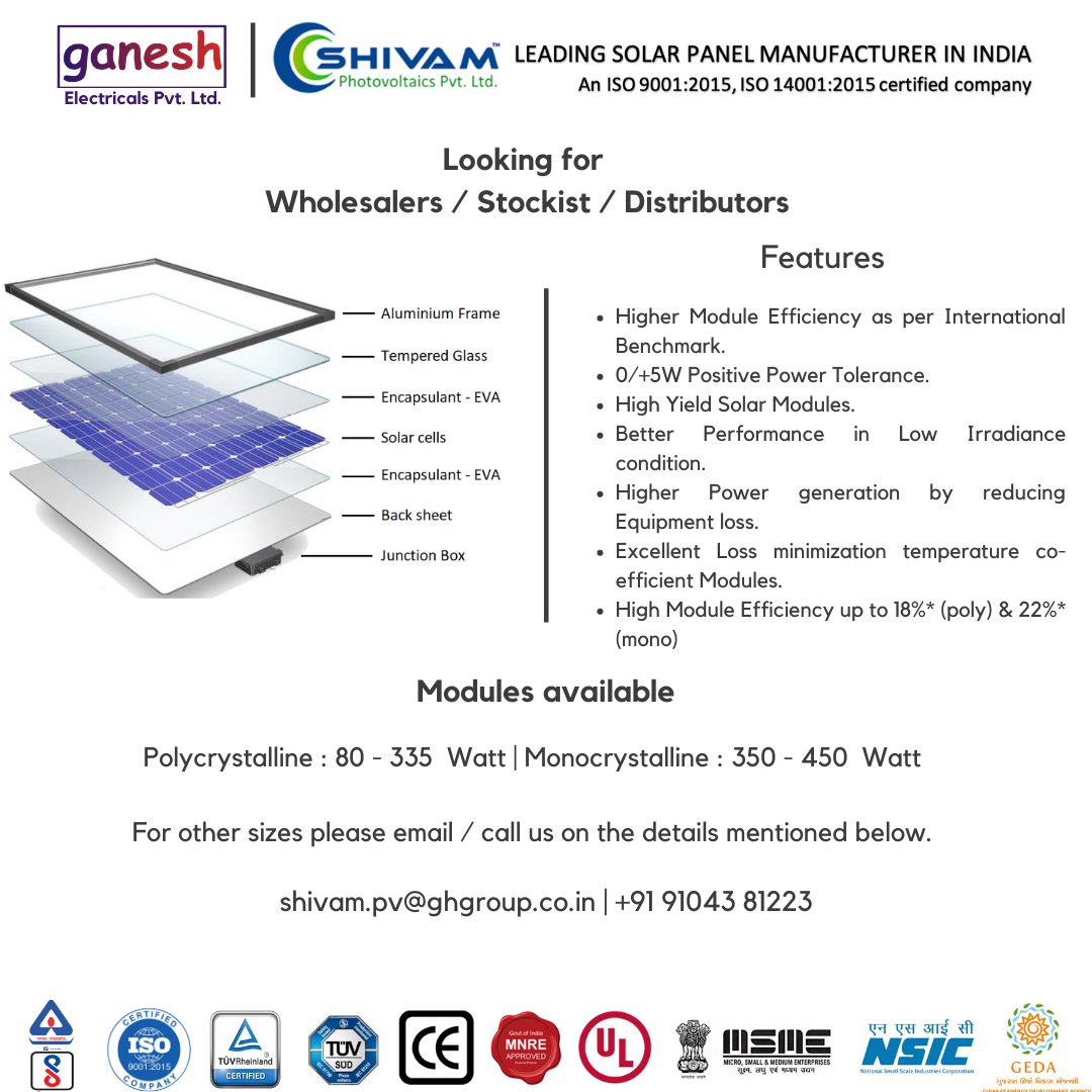 PvtGanesh's tweet photo. #Looking for #oems #stockists #wholesalers #distributors #solarinstallers around the #globe

manufacturer #solarmodules #highefficiency #solarcells of #Polycrystalline #monocrystalline technology with wide range #10Watt #450Watt at #stateoftheart #facility https://t.co/BcwjB35nkt