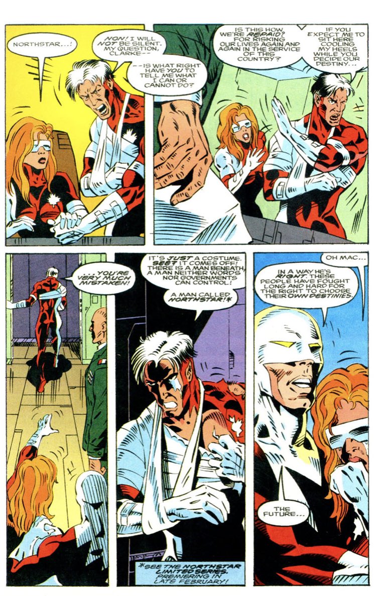 Joanne succumb to her illness and Northstar comes out publicly in a press conference. Not long after though, Northstar leaves Alpha Flight and the team is eventually dissolved.