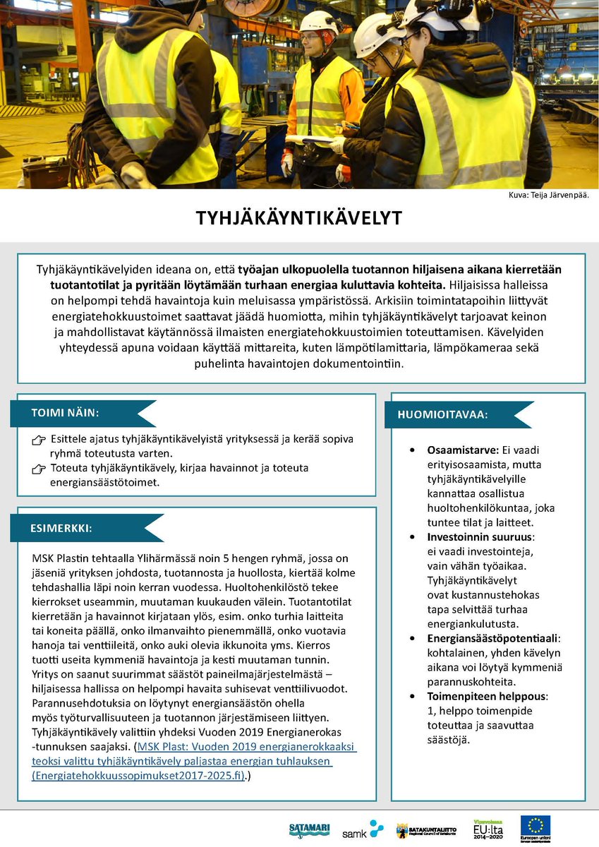 SataMariSAMK's tweet photo. Päivän #energiansäästövinkki: Tyhjäkäyntikävelyt
➡️ Esittele ajatus tyhjäkäyntikävelyistä yrityksessä ja kerää sopiva ryhmä.
➡️ Toteuta kävely, kirjaa havainnot ja toteuta energiansäästötoimet.

Tutustu: https://t.co/CKrbwbP739
#energiatehokkuus #tyhjäkäyntikävely #teollisuus https://t.co/QEZkNuXmrm