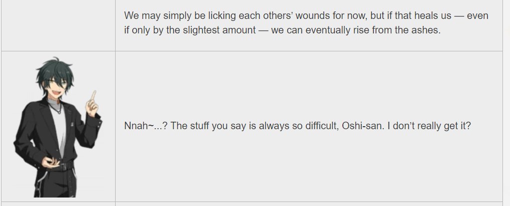neverland - shu tells mika that he wants to support him in the same way mika did for him and mika doesn't get it either. and of course, they are sitting in what is probably a garbage dump here; this always comes up when they have these conversations.
