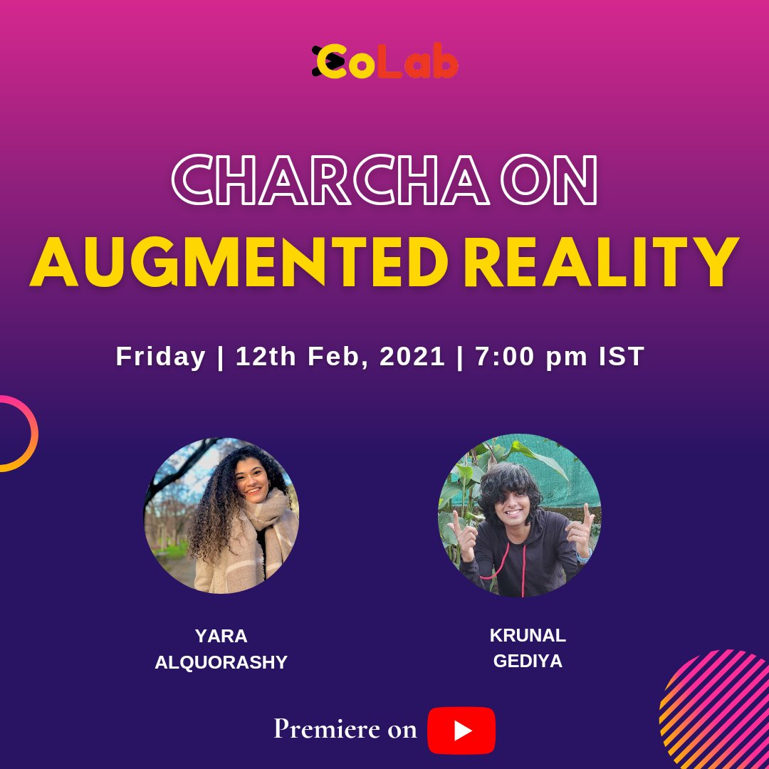 a_colab's tweet image. Tune in this Friday for a &apos;Charcha on Augmented Reality&apos; with Krunal Gediya &amp;amp; Yara Alquorashy.

Set your reminders 🤩
youtu.be/NehR2UUwlHI

@YouTube @YouTubeCreators @YouTubeIndia #ACoLab #AugmentedReality #VirtualReality #indianyoutuber #YouTube #youtubechannel #Livestream