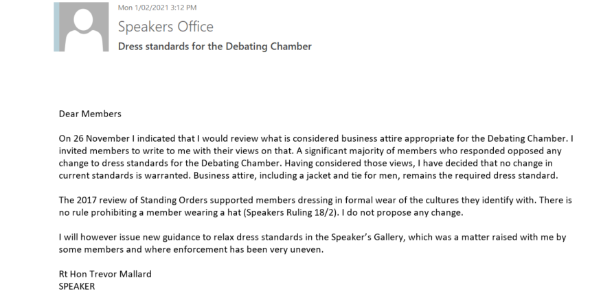 Last week I announced that due to the feedback from respondents in favour of keeping ties, ties would remain part of the dress code as ‘appropriate business attire’ at Parliament. [7/]