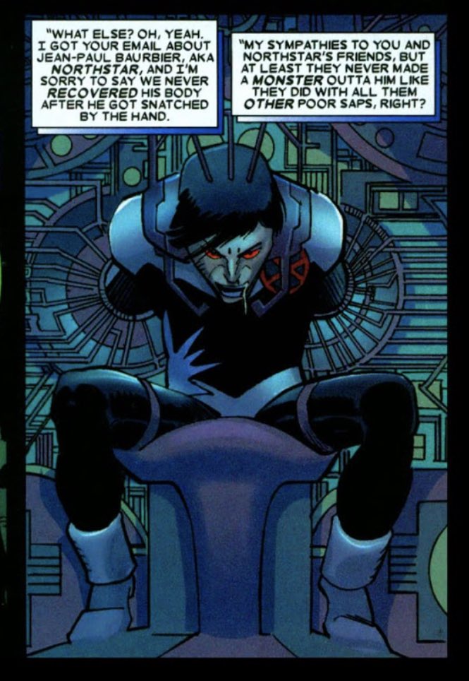 The brainwashed Northstar would lead the Dawn of White Light in spree killings. He would be stopped by Wolverine after an attack on the Helicarrier, and turned over to S.H.I.E.L.D. in secret as they attempted to deprogram his brainwashing.