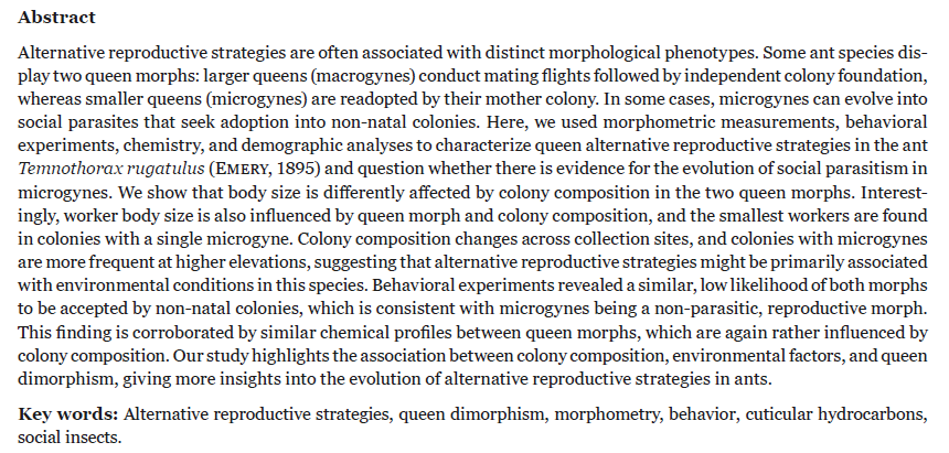 MyrmecolNews's tweet photo. New article - Choppin et al. "Queen &amp; worker phenotypic traits are associated with colony composition &amp; environment in Temnothorax rugatulus, an #ant with alternative reproductive strategies" @uni_mainz @RomainLibbrecht @babsfe33 #insects #STEM @STEMWomen
https://t.co/kd06YCPwih https://t.co/EhbpJOVOd6