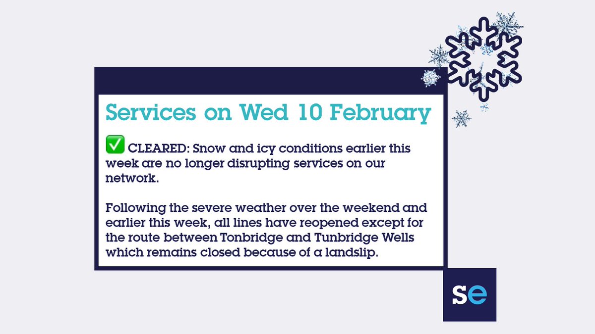 Se_Railway's tweet photo. ❄️ #SEWinter

🚆 All lines have reopened today. https://t.co/2zy617kqD0