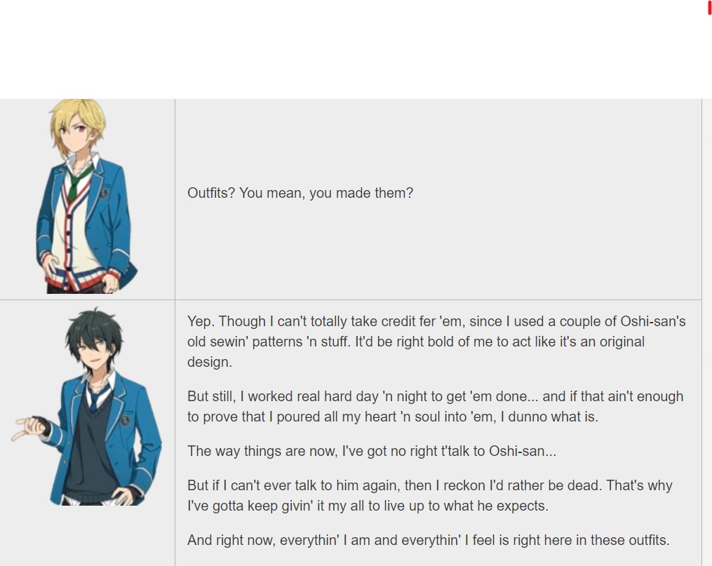 it seems he's actually felt this way for a while since in human comedy, he says he wants to live up to shu's expectations when he works on their outfits. he implies he thinks shu will want to throw him away if he can't, which may explain some of his constant stress in neverland