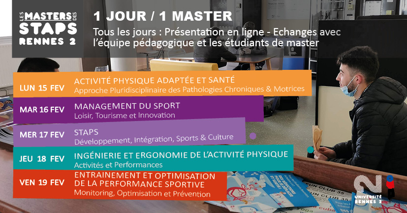 STAPS_Rennes2's tweet photo. #trouvetonmaster La semaine prochaine, on vous présente les masters rennais @UnivRennes_2 rattachés au @m2slab et/ou @VIPS_2 Au programme : visio &amp; livetchat avec équipe pédagogique puis les étudiants
 #staps #rennes #1jour1master #orientation 
↗️ https://t.co/nddPnOkqFb https://t.co/FoEjtAkIgr