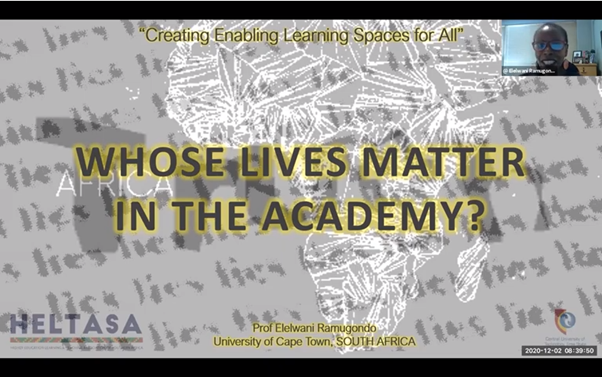 We were in engrossed in Prof <a href="/ERamugondo/">Elelwani Ramugondo</a>'s powerful #HELTASA2020 keynote address about the challenge of creating inclusive spaces in the academy in the context of rampant racism in society. 

Watch her address on our conference webpage at the link: bitly.ws/aRgV