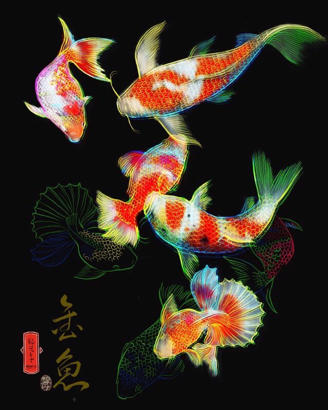 一応 蝶と鯉の透明感はいい感じになったけど ボウイとのコラボがしっくりいかない Renaartのイラスト