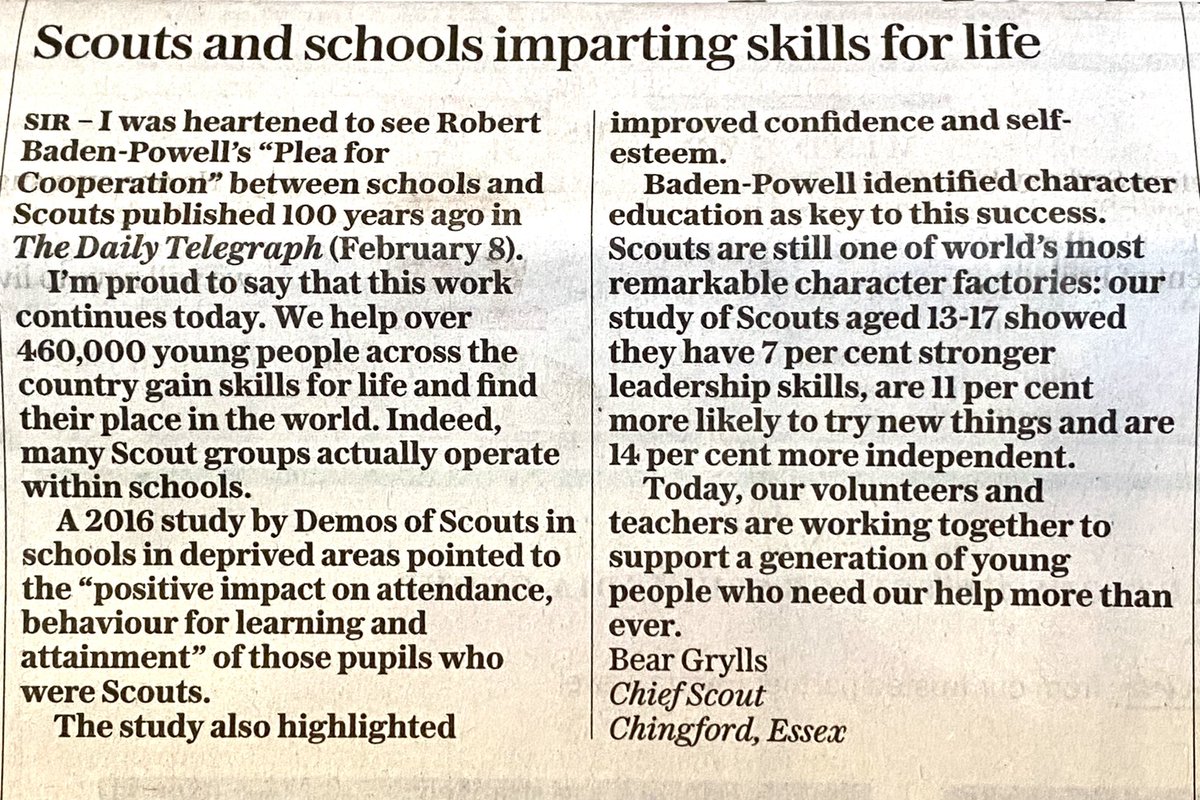 Scouts Media (@ukscoutsmedia) on Twitter photo Chief Scout <a href="/BearGrylls/">Bear Grylls OBE</a> writes in the <a href="/Telegraph/">The Telegraph</a> - <a href="/worldscouting/">World Scouting</a> is still one of the world’s most remarkable character factories; In 2016 a study by <a href="/Demos/">Demos</a> of <a href="/scouts/">Scouts</a> in schools in tough areas pointed to the “positive impact on attendance, behaviour for learning & attainment” Chief Scout <a href="/BearGrylls/">Bear Grylls OBE</a> writes in the <a href="/Telegraph/">The Telegraph</a> - <a href="/worldscouting/">World Scouting</a> is still one of the world’s most remarkable character factories; In 2016 a study by <a href="/Demos/">Demos</a> of <a href="/scouts/">Scouts</a> in schools in tough areas pointed to the “positive impact on attendance, behaviour for learning & attainment”