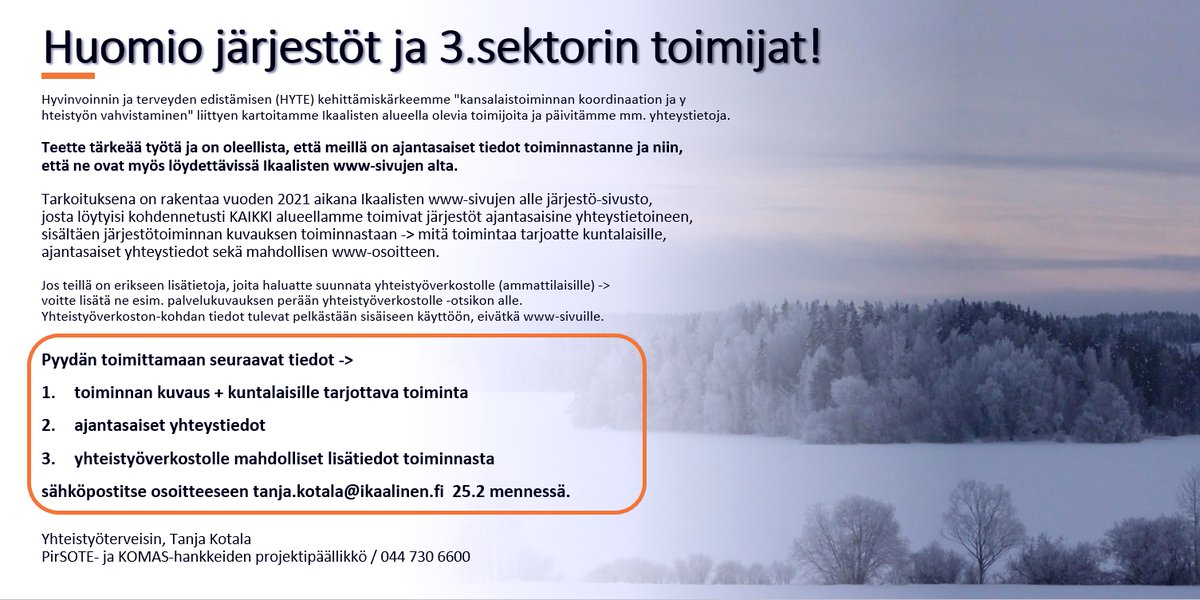 Huomio järjestöt ja 3.sektorin toimijat❗️Teette tärkeää työtä ja on oleellista, että meillä on ajantasaiset tiedot toiminnastanne ja ne ovat löydettävissä. Ilmoita tiedot 25.2. mennessä: tanja.kotala@ikaalinen.fi.
ikaalinen.fi/ajankohtaista/… #Ikaalinen #järjestö #3Sektori