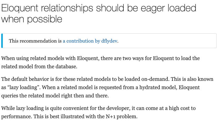 blackfireio's tweet photo. #laravel Eloquent relationships should be eager loaded when possible. Thanks @beausimensen  for adding this recommendation to #blackfireio for the whole @laravelphp community! https://t.co/dikhVroGri