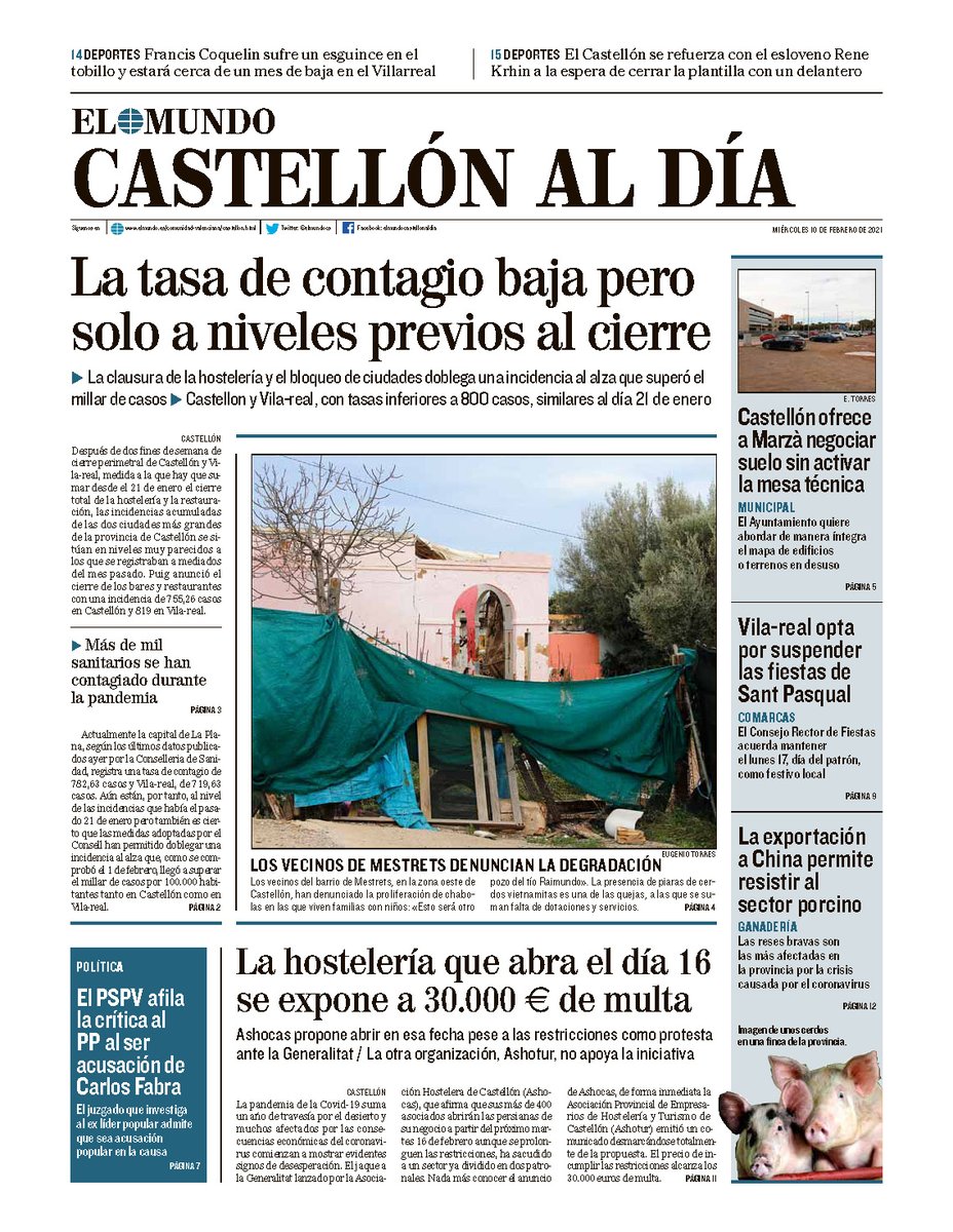 ximogorriz's tweet photo. Hoy miércoles 10 en las #portadasdeCastellón, #restricciones #Covid_19 #contagios #residuos #teleentrenamiento @ReneKrho @cdcastellon @FCoquelin_off @VillarrealCF #macrovertedero #dependencia #SantPasqual #hostelería @AmparoMarcoGual #Mestrets @PSPV_CS @VicentMarza #sectorporcino https://t.co/U9sRxBe03P