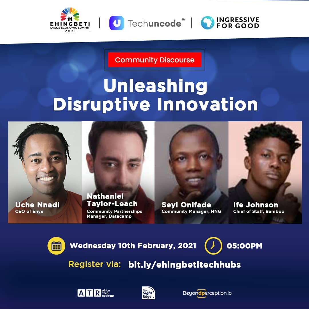 techuncode's tweet photo. Join the Community Discourse from Ehingbeti Tech Hubs
Speakers: Uche Nnadi CEO @enye_tech, Nathaniel Taylor-Leach, Community Partnerships Manager @datacamp, Seyi Onifade Community Manager @hnginternship, Ife Johnson Chief Of Staff @investbamboo
#IngressiveForGood #enye https://t.co/n6HAKsmwoC