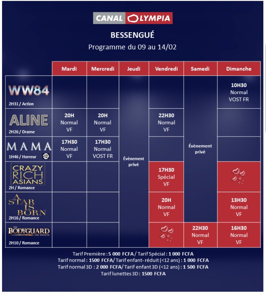 HyacintheBAYOKE's tweet photo. PROGRAMME DE LA SEMAINE #CANALOLYMPIA & #CINEMAEDEN DOUALA BESSENGUE
#MOVIEADDICTED
#DOPE
#DOUALACESTLAPUISSANCE
#DCLP
#DLAOUT https://t.co/QqHqwCaoTT
