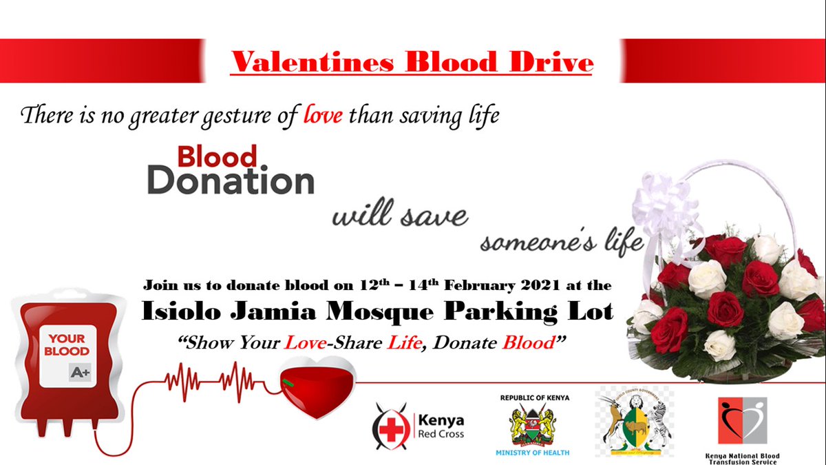 NMaurah's tweet photo. The fragrance always stays in the hand that gives the rose🌹~ Hada Bejar 
Show some ❤️ in a way this Valentines season and let a pint of blood be that🌹to save a life! 
#Isiolo 
#AllForHumanity 
@KenyaRedCross @RedCrossYouthKE @MOH_Kenya @gremwaz @isioloCounty011 @KNBTSOfficial https://t.co/h3YnOC6TmY