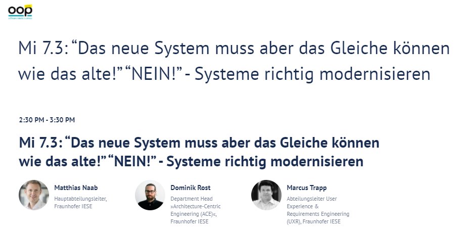 domrost's tweet image. Ihr habt doch alle schon einmal gehört: &quot;Das neue System muss aber das Gleiche können wie das alte!&quot; Marcus, Matthias und ich erzählen heute bei der @oop_conference warum das Schwachsinn ist. Der Vortrag ist echt amüsant geworden. Kommt vorbei, wird gut 🚀  #OOPdigital #OOP2021