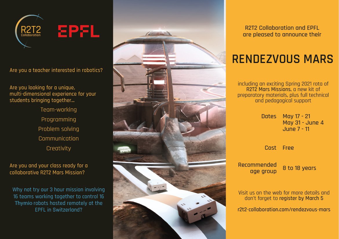 R2t2C's tweet photo. Get your Thymios charged up for a new challenge!
 
Are you and your students ready for an amazing, collaborative, educational robotics adventure? Find out more about EPFL and R2T2's RENDEZVOUS MARS Spring 2021 on our site!
FR: https://t.co/mgo3n98MCJ
EN: https://t.co/AuBQLCQ2fo https://t.co/QpROsYpCur