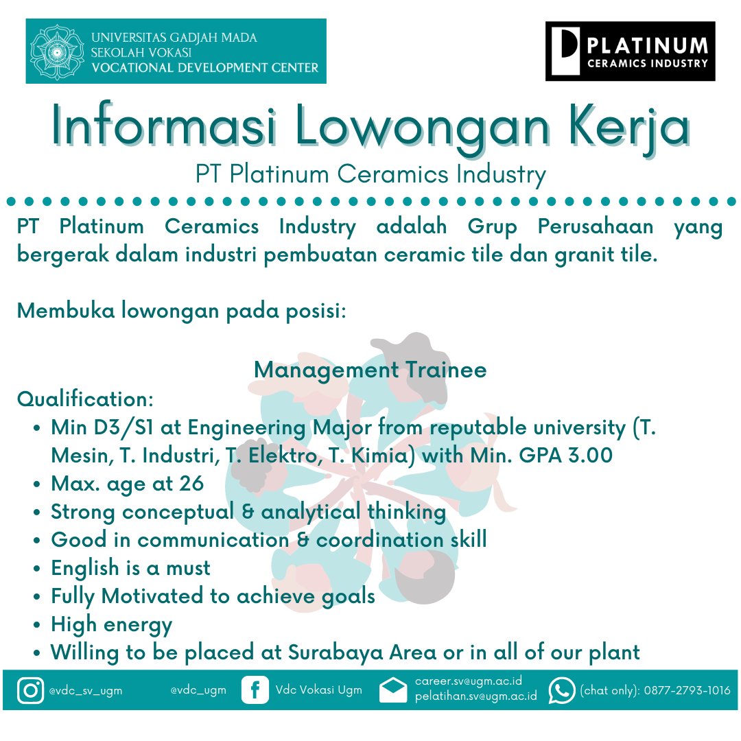 PT Platinum Ceramics Industry membuka lowongan untuk Management Trainee. Kualifikasi bisa simak di poster ya!
Kirim CV mu dalam format PDF (max 2mb) dengan subject: nama_Management Trainee
Ke alamat email 
career@platinumceramics.com atau sianawati.darmawan@platinumceramics.com