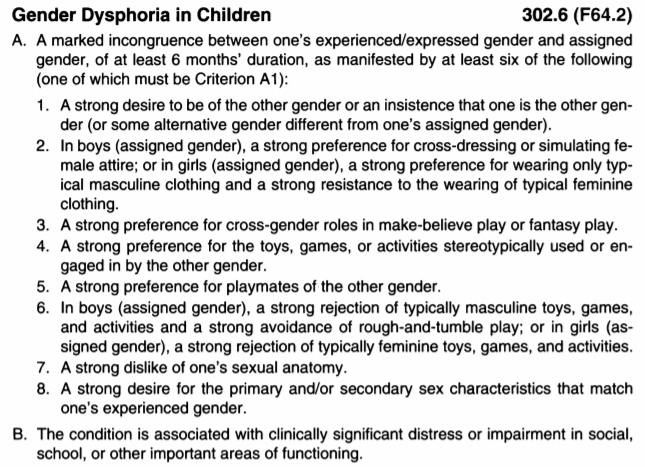 experience, and developing and applying diagnostic *concepts.*'Gender dysphoria' is just a diagnostic concept, applied by medical science, when people report distress with their body and gender.Here's the diagnostic criteria.I would have met five of those as a child, if I