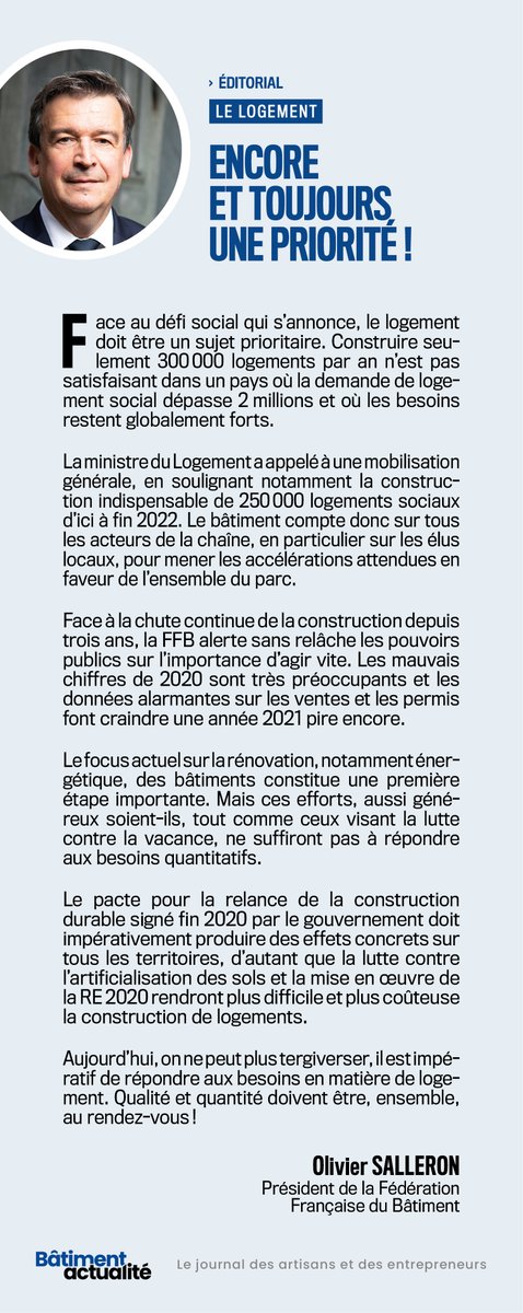 📰 Découvrez l'édito du #BâtimentActualité n°3 : "Le logement : encore et toujours une priorité !" ⚠
La <a href="/FFBatiment/">FFB</a> alerte les pouvoirs publics sur l'importance d'agir vite.
#logement #urgence #construction #ConstructionDurable #RE2020 #batiment #RenovationEnergetique <a href="/EmmWargon/">Emmanuelle Wargon</a>