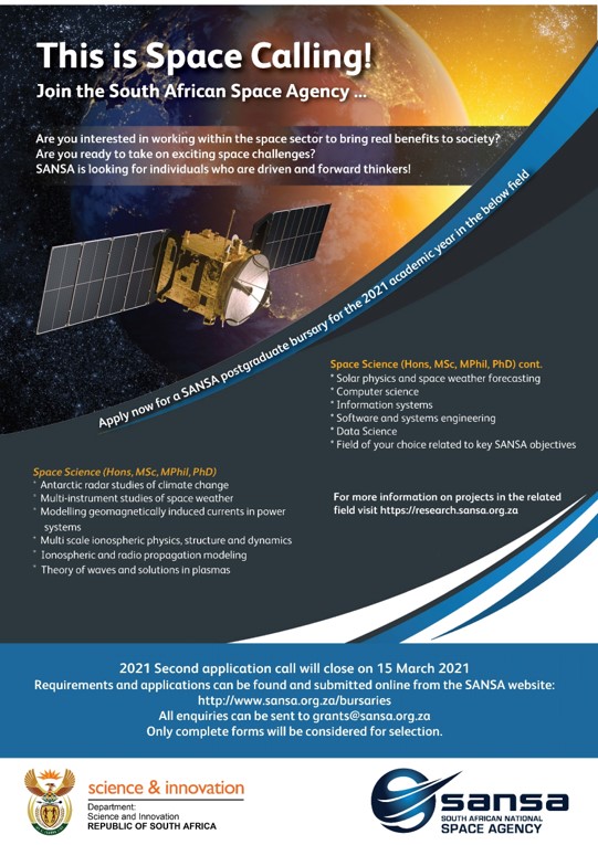SANSA (@sansa7) on Twitter photo Calling all Space Science post grad students - apply now for a SANSA bursary. Closes 15 March 2021. sansa.org.za/bursaries/ Calling all Space Science post grad students - apply now for a SANSA bursary. Closes 15 March 2021. sansa.org.za/bursaries/