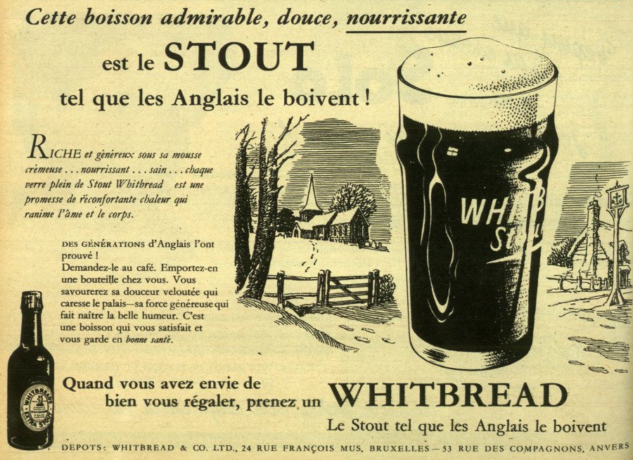 The Swan, a Watney's pub in Schaerbeek, 1960s. The Whitbread depot in Molenbeek and an ad for the one in Antwerp: le stout as the English drink it. 'Its strength puts you in a good mood'. Fact.