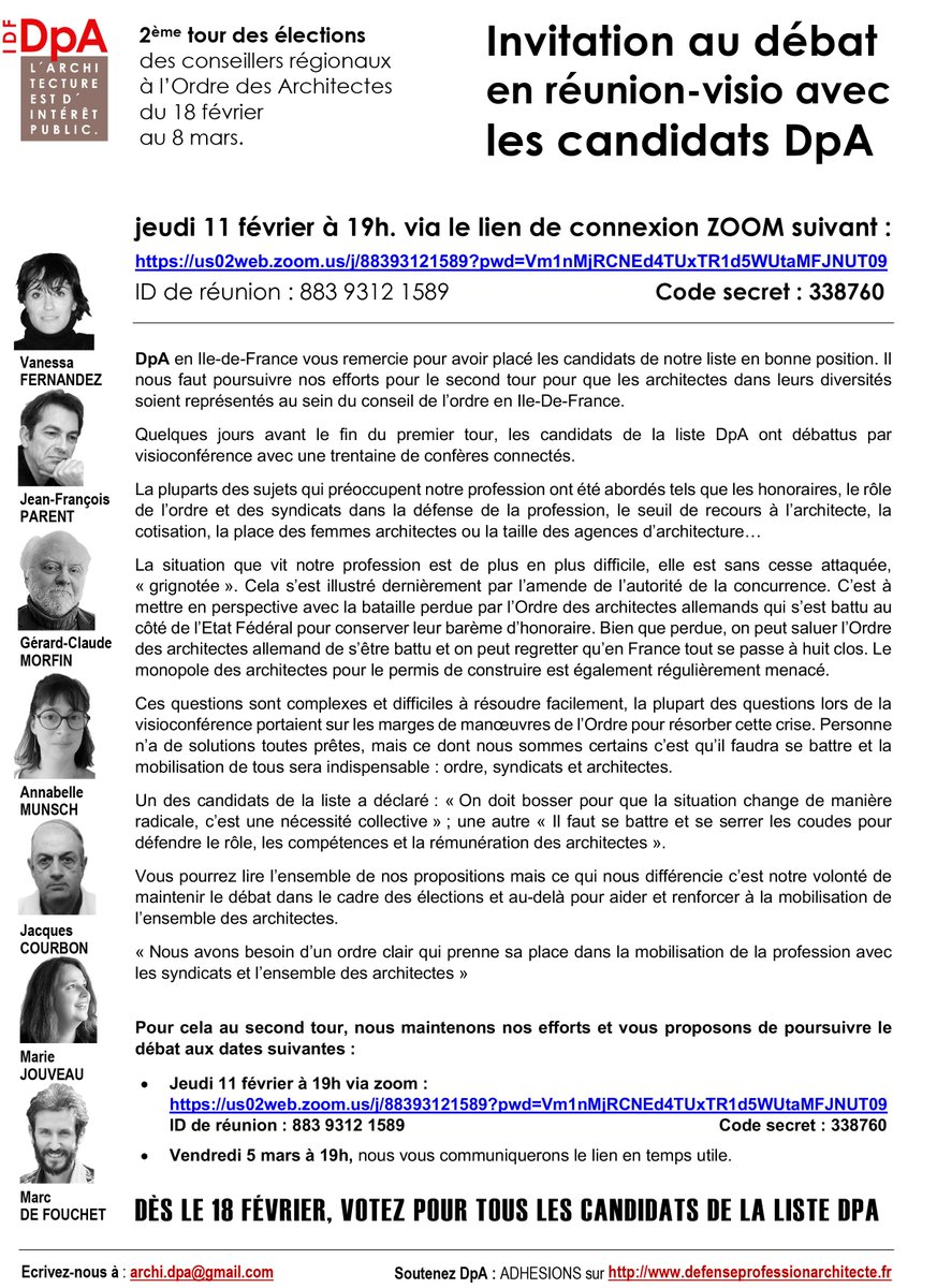 ArchiDpA's tweet photo. Salut la #teamarchi,  peu d'#architectes franciliens ont voté au premier tour, moins de 20%. Il est important de se mobiliser, débattre et choisir vos représentants ! #DpA vous propose  une série de 2 débats : jeudi 11 fév à 19H00 et le 05 mars. https://t.co/3Y1ASdRYiy