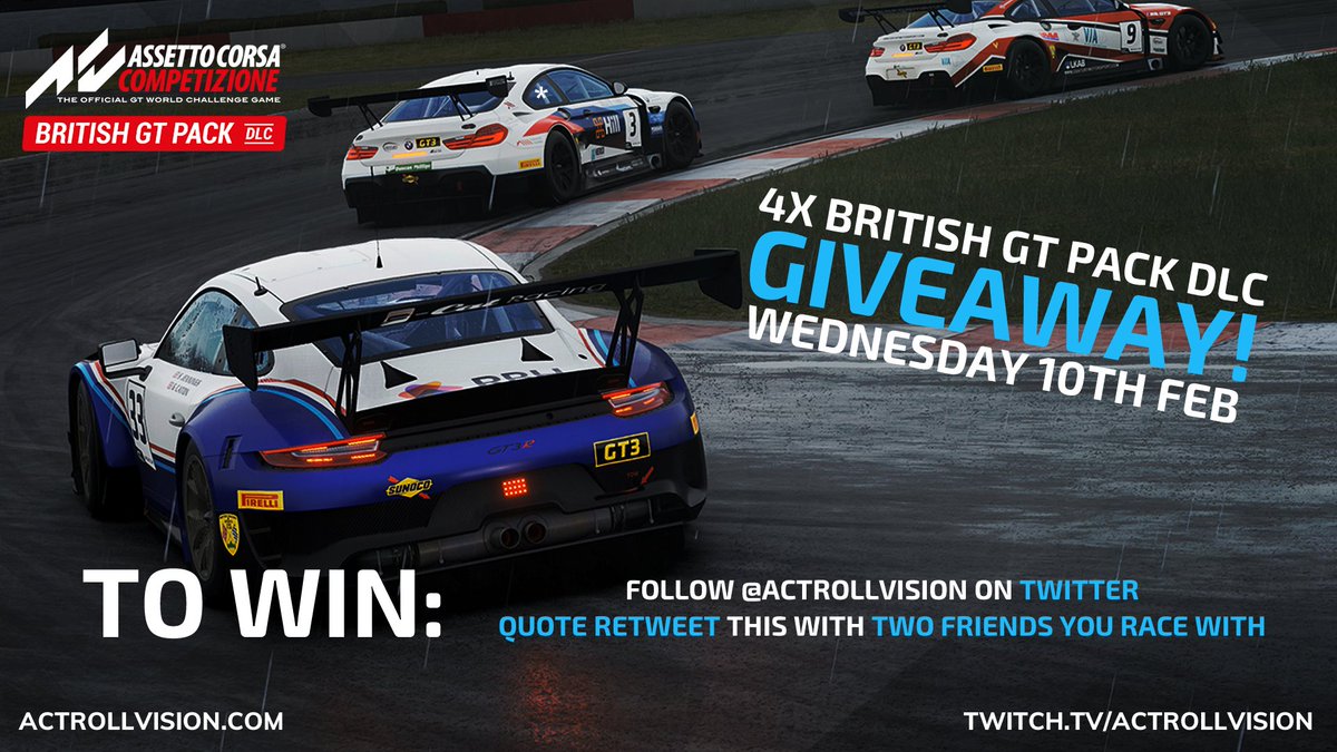 Thanks to <a href="/AC_assettocorsa/">Assetto Corsa</a> we have four <a href="/BritishGT/">🇬🇧 #BritishGT 🏁</a> DLC codes to give away. To win a code for yourself and three friends, simply follow &amp; quote retweet tagging three mates you want race The DLC with. I will pick a random winner during tonight's Livestream.

Twitch.tv/Actrollvision