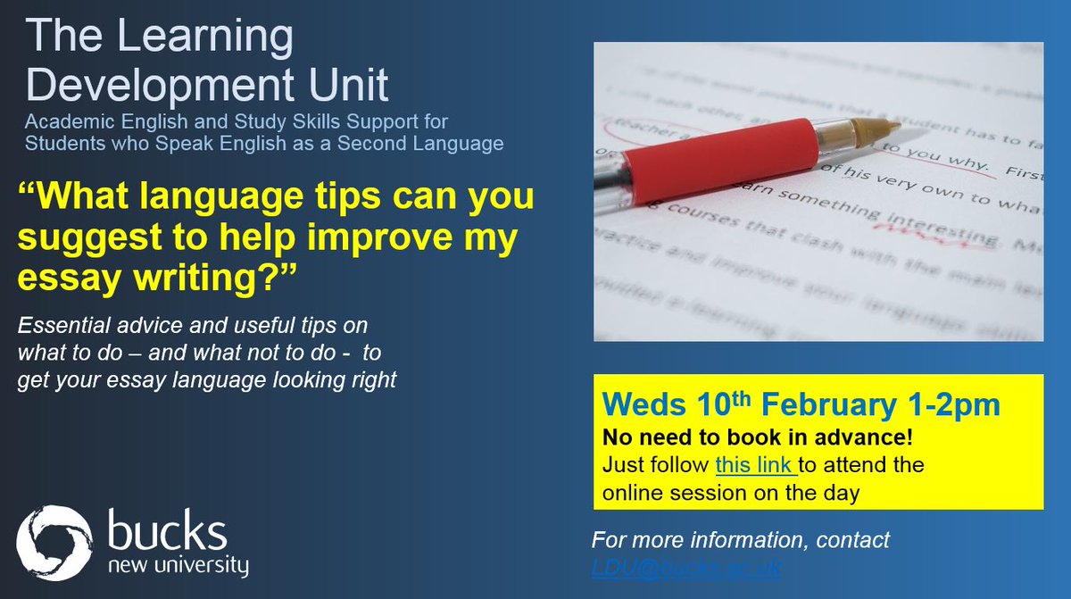 BucksLDU's tweet photo. Join the LDU's Live English for Academic Purposes session today at 1.00 pm on Blackboard. 

Topic: Language tips to help improve your essay writing

https://t.co/eFxlKuAqmP 

See you there! https://t.co/hnt8tZxmZh