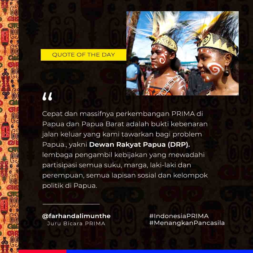 Dewan Rakyat Papua merupakan solusi untuk Papua dan Papua Barat. DRP adalah gagasan TULEN kawan-kawan aktivis Papua yang memang sangat paham kondisi dan akar persoalan  di Papua dan Papua Barat.

#DewanRakyatPapua
#IndonesiaPrima
#MenangkanPancasila