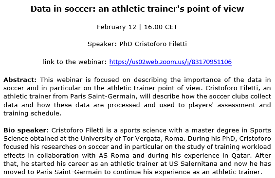 How data are used by athletic trainers in soccer? Cristoforo Filetti will talk about it in the <a href="/sobigdata/">SoBigData</a> webinar (us02web.zoom.us/j/83170951106)! Feel free to join us on February 12th at 16PM! <a href="/lucpappalard/">Luca Pappalardo</a> <a href="/mesosbrodleto/">Mesos Brodleto</a> #sportdatascience #football