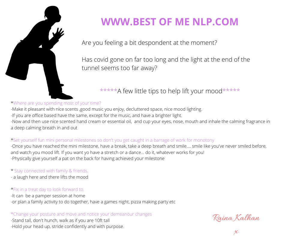 Hey, if you are feeling a bit low with the current lockdown, here are a few tips. If however your low mood is frequent and you cannot seem to shift it, get in touch for a free consultation.

#lowmood #anxiety #nlplifecoach