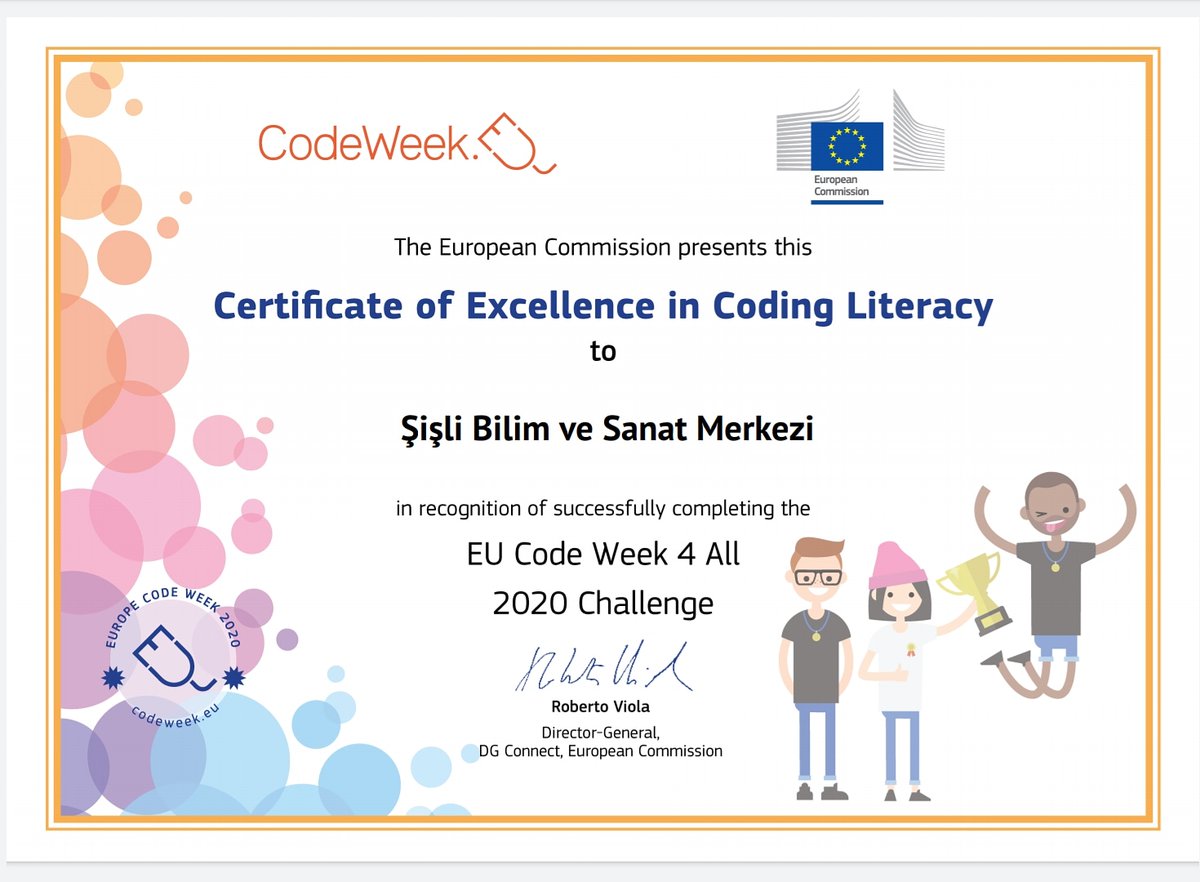 sislibilsem's tweet image. Şişli Bilim ve Sanat Merkezi
Kodlama Haftası (Code Week) kapsamında Avrupa Komisyonu tarafından Mükemmellik Sertifikası ile ödüllendirilmiştir. Emeği geçen öğretmen ve öğrencilerimizi tebrik ederiz.
#codeweek2020
#codeweektürkiye
@BilsemMeb
@sislimem
