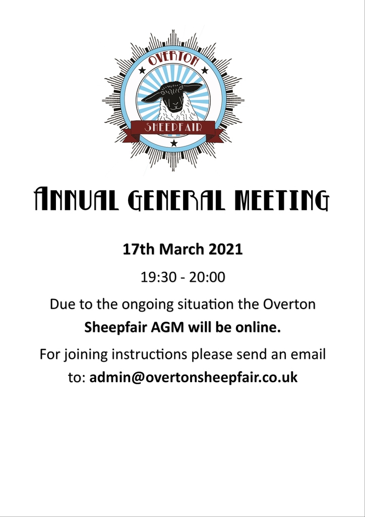 sheepfair's tweet photo. The Overton Sheepfair AGM this year is going to take place ONLINE.  The date of the AGM is 17th March 2021, between 19:30 and 20:00.

If you want to attend please contact admin@overtonsheepfair.co.uk, you will receive the joining instructions, with agenda to follow. https://t.co/BejGN3HZrI