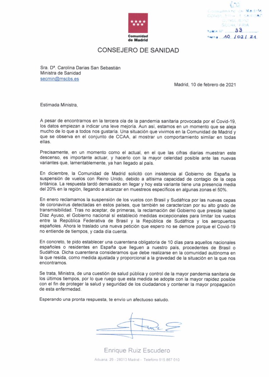 Comunidad de Madrid (@comunidadmadrid) on Twitter photo 🔴 Pedimos al Gobierno de España establecer cuarentenas de 10 días para viajeros nacionales y residentes en España procedentes de Brasil y Sudáfrica por sus cepas de COVID-19.
👉 Así se lo ha solicitado <a href="/eruizescudero/">Enrique Ruiz Escudero</a> a la ministra de <a href="/sanidadgob/">Ministerio de Sanidad</a>. 🔴 Pedimos al Gobierno de España establecer cuarentenas de 10 días para viajeros nacionales y residentes en España procedentes de Brasil y Sudáfrica por sus cepas de COVID-19.
👉 Así se lo ha solicitado <a href="/eruizescudero/">Enrique Ruiz Escudero</a> a la ministra de <a href="/sanidadgob/">Ministerio de Sanidad</a>.