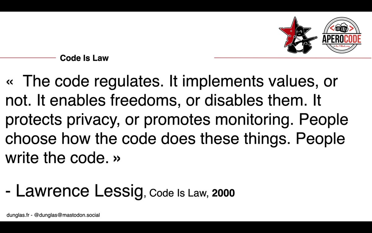 La fin de la présentation sera un peu plus technique mais restera très accessible. J'y présenterai les protocoles et outils que les développeurs peuvent prendre en main pour contre-attaquer et (re-)bâtir un web indépendant et non-commercial : #RDF, #ActivityPub, <a href="/ApiPlatform/">API Platform</a>...