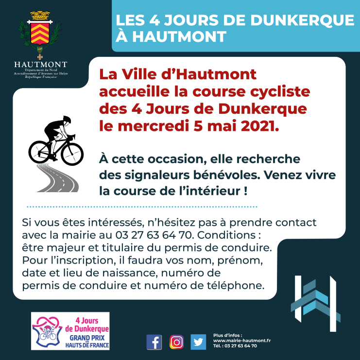HautmontVille's tweet image. #4joursdedunkerque  #cyclisme La Ville accueille l'épreuve cycliste le mercredi 5 mai 2021. Vous souhaitez vivre ce moment d'une façon particulière ? Devenez #signaleur bénévole.   @4JDDunkerque #hautmont 
Toutes les infos ⬇