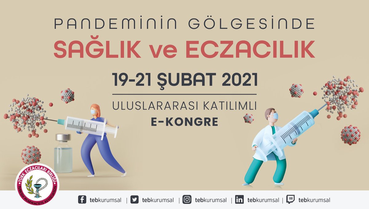 📢 Türk Eczacıları Birliği Uluslararası Katılımlı E-kongre
➡️ Pandeminin Gölgesinde Sağlık ve Eczacılık
📅 19-20-21 Şubat
🔗  link.eczaci.tv/kongre1 (kayıt linkleri)

🌐 Kongre web sitesi: eczacilikkongresi.com

📡 Canlı yayın: <a href="/tebkurumsal/">Türk Eczacıları Birliği</a> ve <a href="/EczaciTV/">Eczacı TV</a>
