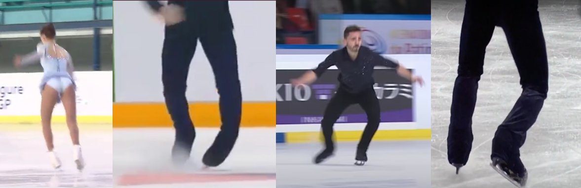 Currently competing, as far as I know, there are 4 top skaters with the toe pick facing outwards.On the picture from left to right: Alexia Paganini, Mikhail Kolyada, Kevin Aymoz and Yuzuru Hanyu.