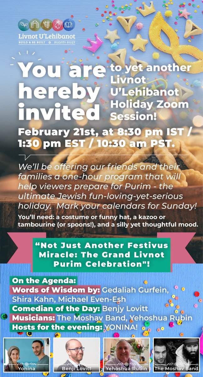 Livnot's tweet photo. Join us for a pre-Purim Celebration https://t.co/a9j4VBQOuH https://t.co/ImVGloUZde