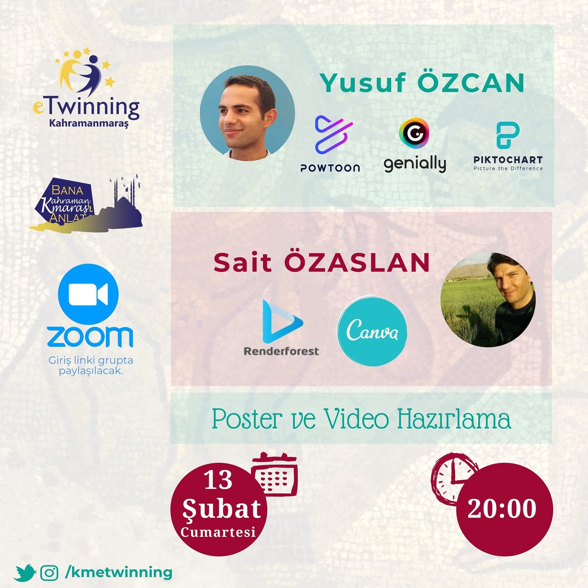 Bu hafta projelerimiz için poster ve intro videolar hazırlıyoruz. 
📅 13 Şubat Cumartesi
⏰ 20:00
🔗 Gruptan paylaşılacak.