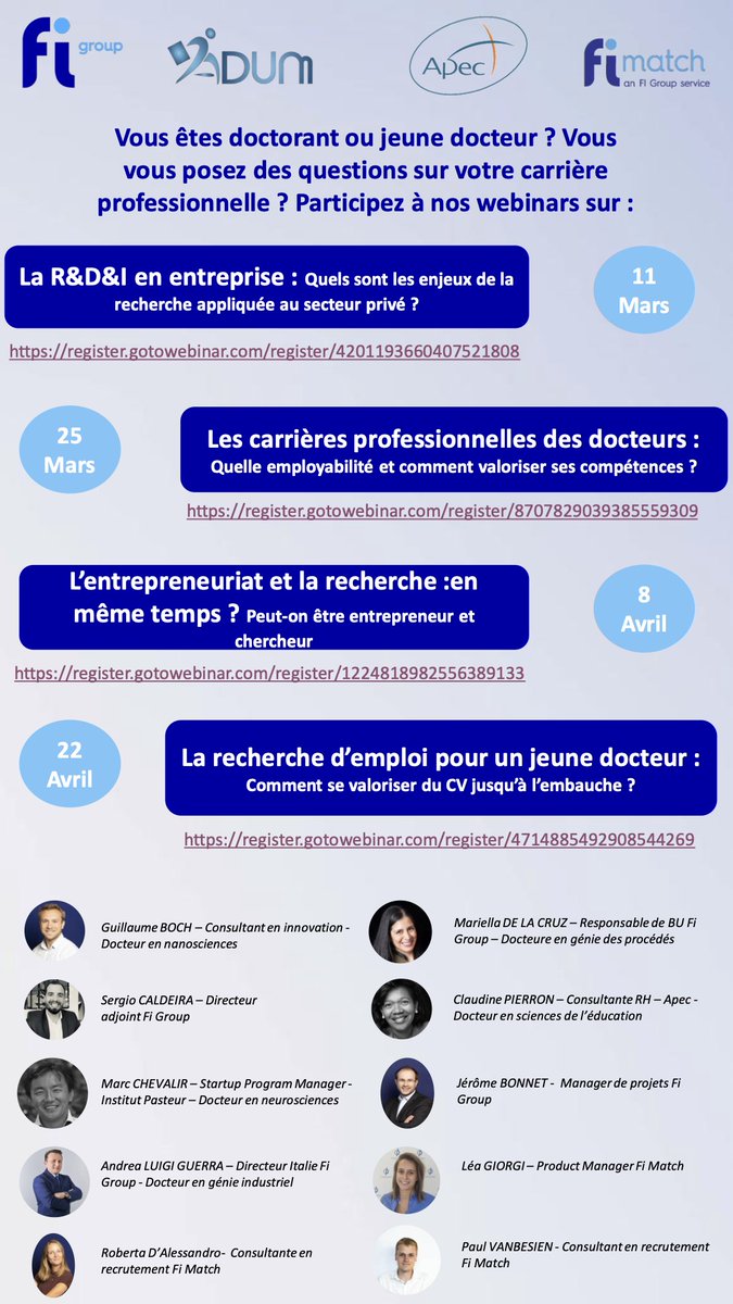 Vous êtes #doctorant ou jeune #docteur ? Vous vous posez des questions sur votre carrière professionnelle ? Inscrivez-vous et participez à nos webinars des 11 et 25 mars et des 8 et 22 avril ! 👩‍🎓👨‍🎓🎓 #université #emploi #entrepreneuriat